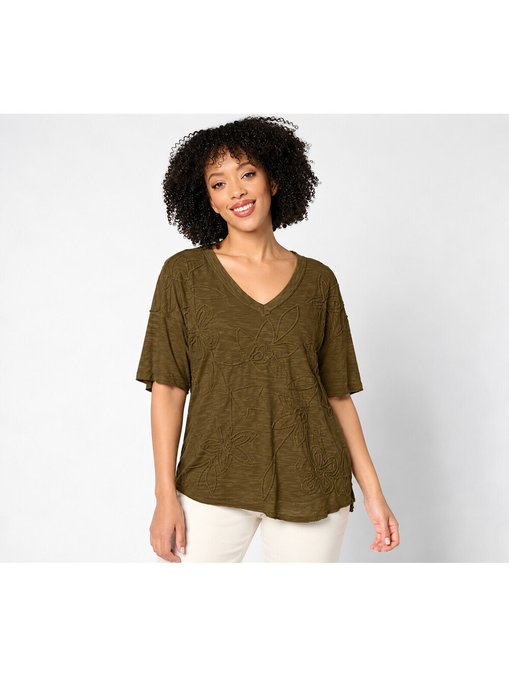 LOGO Lavish by Lori Goldstein 100% Cotton Tee with Soutache Detail Sepia, Large